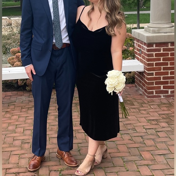 Azazie Lexi Velvet Dress, Tea Length Black Dress - Picture 3 of 4